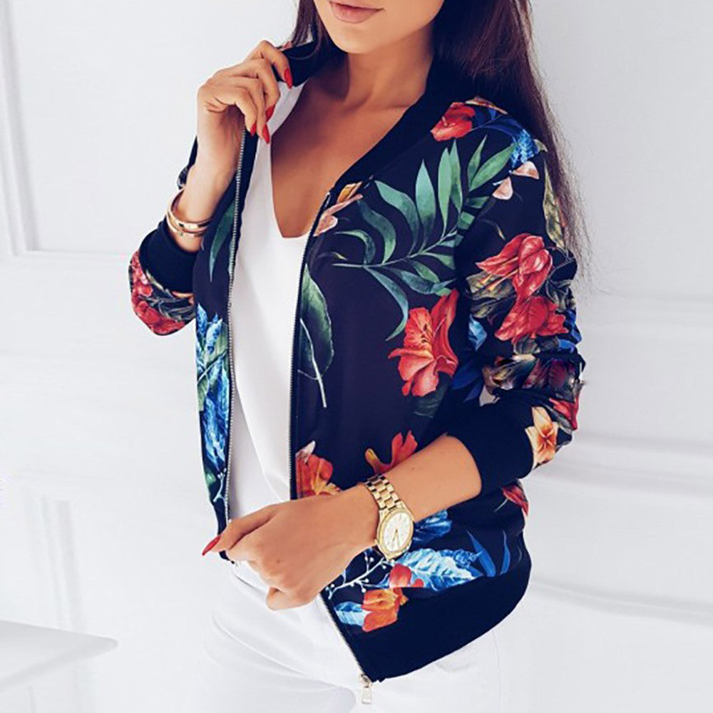 جاكيتات مضلع تريم بلازا ملئ بالازهار جديد 2018 | New Ladies Ribbed Trim Flower Print Bomber Jacket Women Tops