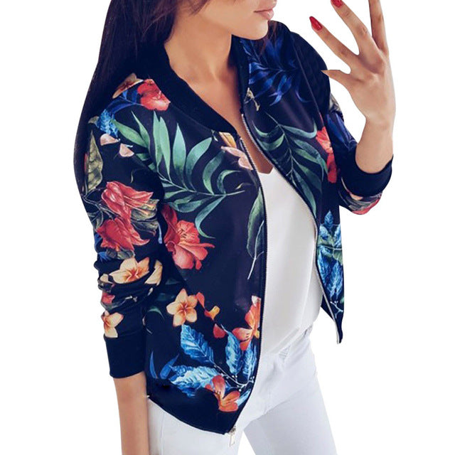 جاكيتات مضلع تريم بلازا ملئ بالازهار جديد 2018 | New Ladies Ribbed Trim Flower Print Bomber Jacket Women Tops