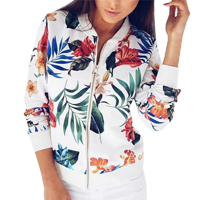 جاكيتات مضلع تريم بلازا ملئ بالازهار جديد 2018 | New Ladies Ribbed Trim Flower Print Bomber Jacket Women Tops