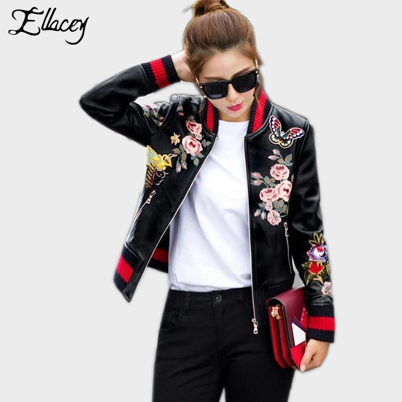 وصول جديد لستره جلدية  | Leather Jacket Women Short Floral Printed Embroidery Baseball Varsity Jacket