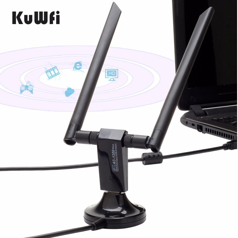 KuWfi 1200Mbps Wireless USB Network Card USB3.0 Dual Band 2.4G&5.8G Wifi Receiver&Wireless Adapter for PC With 2Pcs Antennas