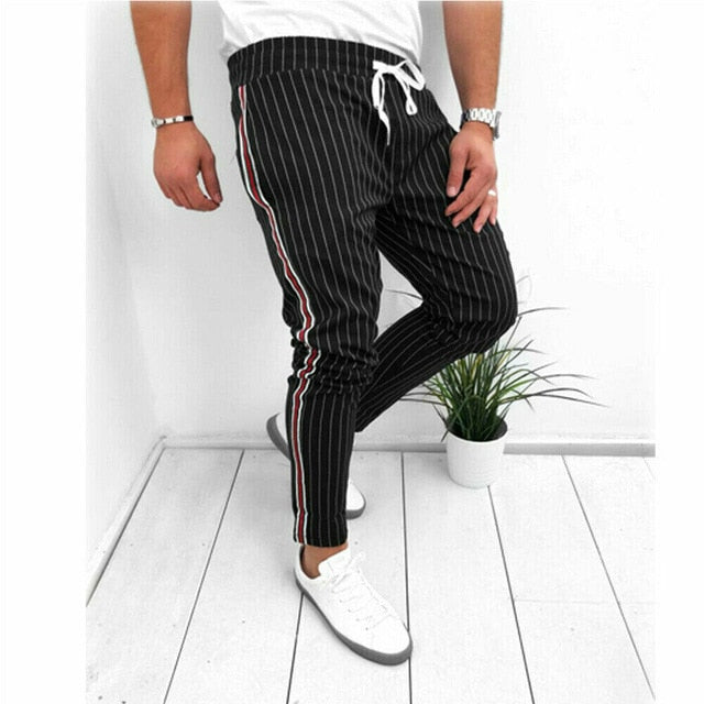 Men's Casual Pants Ankle-Length Elastic Strap Striped Jogger Sports Fitness Sweatpants Long Pants