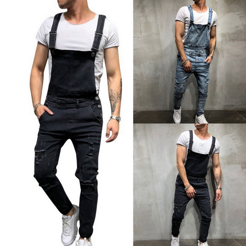 Puimentiua fashion Men's Ripped Jeans Jumpsuits streetwear Distressed Denim Bib Overalls Male Suspender Pants Plus Size