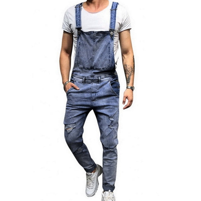 Puimentiua fashion Men's Ripped Jeans Jumpsuits streetwear Distressed Denim Bib Overalls Male Suspender Pants Plus Size