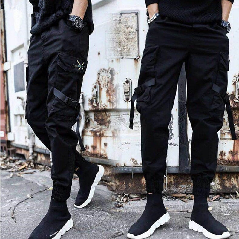 Streetwear Ribbons Casual Pants Men Black Slim Mens Joggers Pants Side-pockets Cotton Camouflage Man Trousers