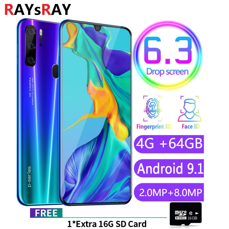 Raysray P35 4G LTE Cell Phone 4G RAM+64GB ROM 4800mAh Mobile Phone android 8MP+3.2MP cellphone Dual SIM Cards Face Recognition