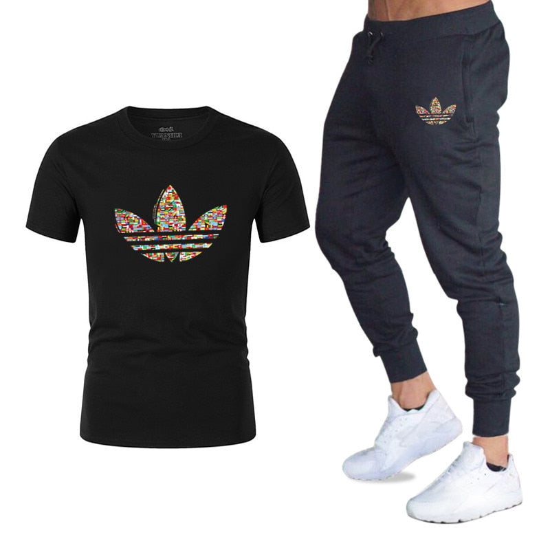 Fashion casual T-shirt two-piece suit sportswear gyms Harajuku men's suit T-shirt + pants fitness suit men's brand clothing