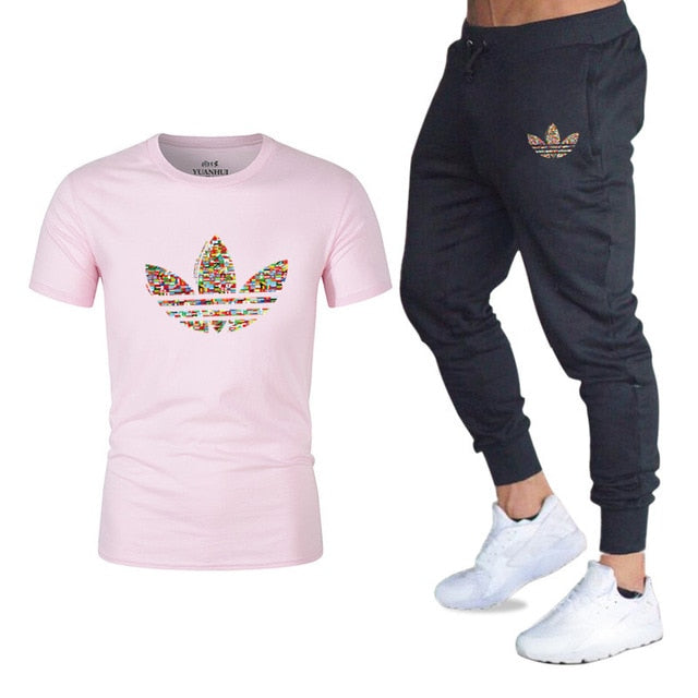 Fashion casual T-shirt two-piece suit sportswear gyms Harajuku men's suit T-shirt + pants fitness suit men's brand clothing