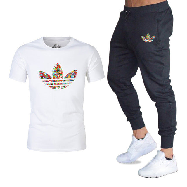 Fashion casual T-shirt two-piece suit sportswear gyms Harajuku men's suit T-shirt + pants fitness suit men's brand clothing