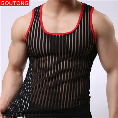 Soutong Mens undershirts sleeveless gay stripe Transparent solid tops tees vest mesh sexy male Bottoming Shirt Men Summer Wear