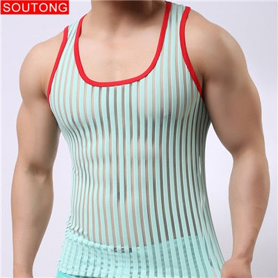 Soutong Mens undershirts sleeveless gay stripe Transparent solid tops tees vest mesh sexy male Bottoming Shirt Men Summer Wear