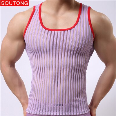 Soutong Mens undershirts sleeveless gay stripe Transparent solid tops tees vest mesh sexy male Bottoming Shirt Men Summer Wear