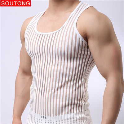 Soutong Mens undershirts sleeveless gay stripe Transparent solid tops tees vest mesh sexy male Bottoming Shirt Men Summer Wear