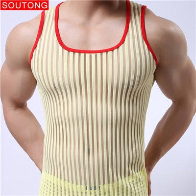 Soutong Mens undershirts sleeveless gay stripe Transparent solid tops tees vest mesh sexy male Bottoming Shirt Men Summer Wear